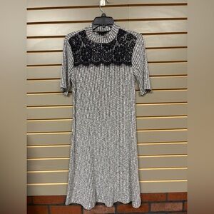 AGB Gray Striped Sweater Dress with Black Lace, size 12